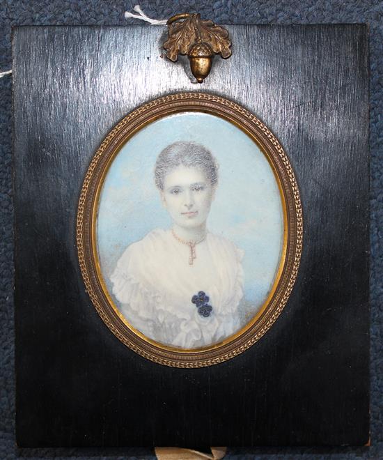 Attributed to Robert Hall (fl.1898-1909) Miniature of a lady wearing a white dress and black poppies, 3.25 x 2.5in.